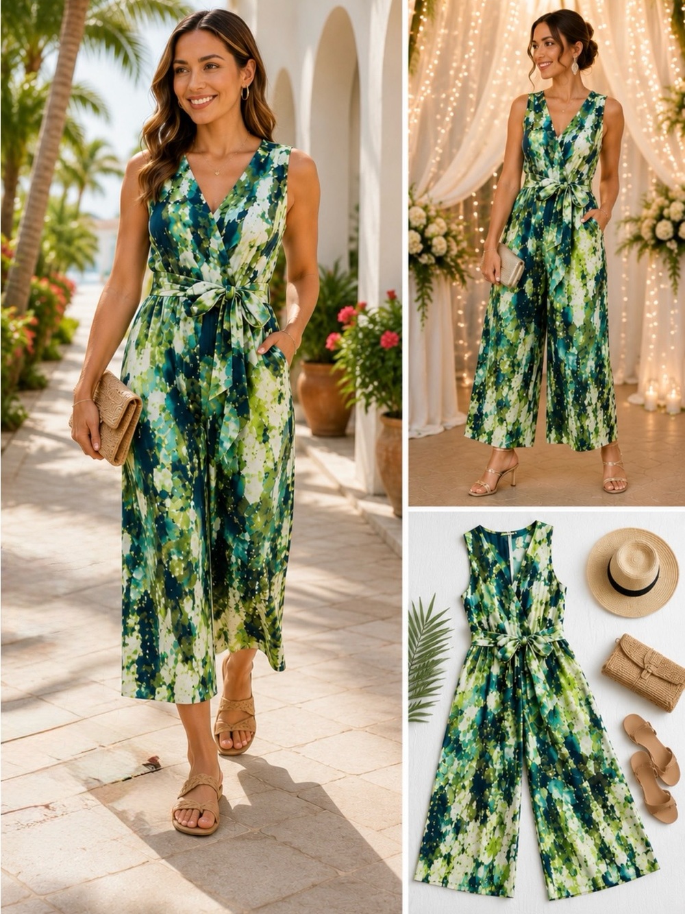 IC Collection Green Abstract Tie Front Wide Leg Jumpsuit Pockets Size S 🧡